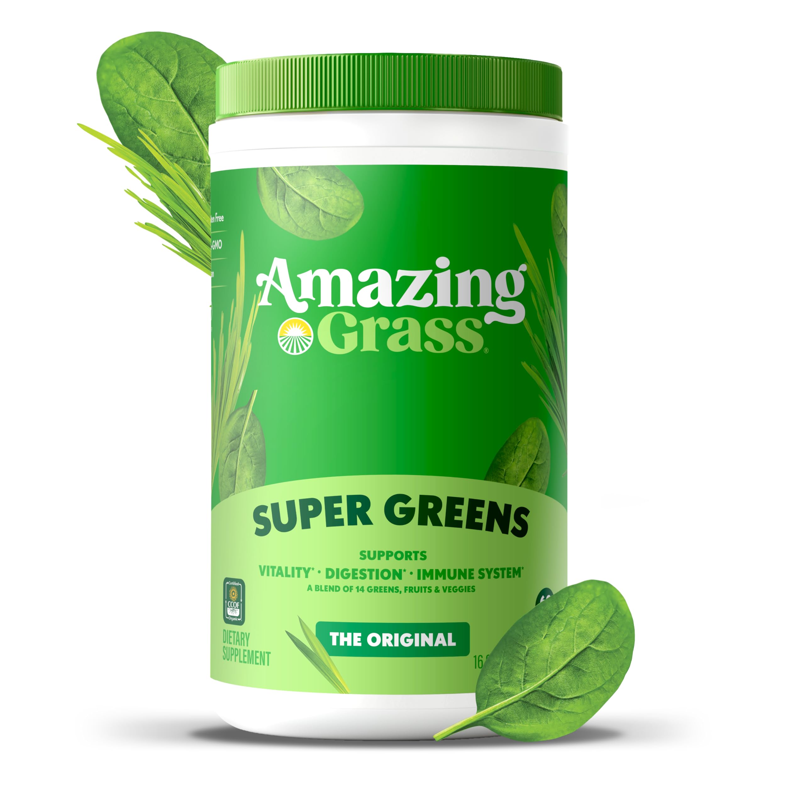 Amazing Grass ingredientes secos dispuestos mostrando variedad de vegetales