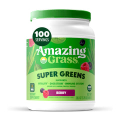 Amazing Grass envase frontal mostrando 100 raciones y sabor berry, práctico