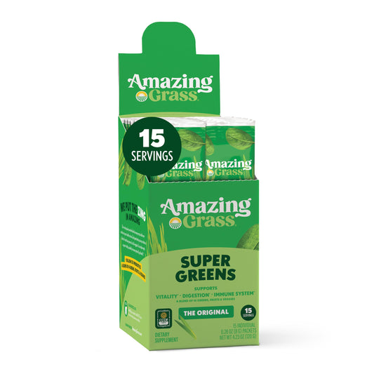 Amazing Grass envase frontal con sobres visibles y etiquetado claro