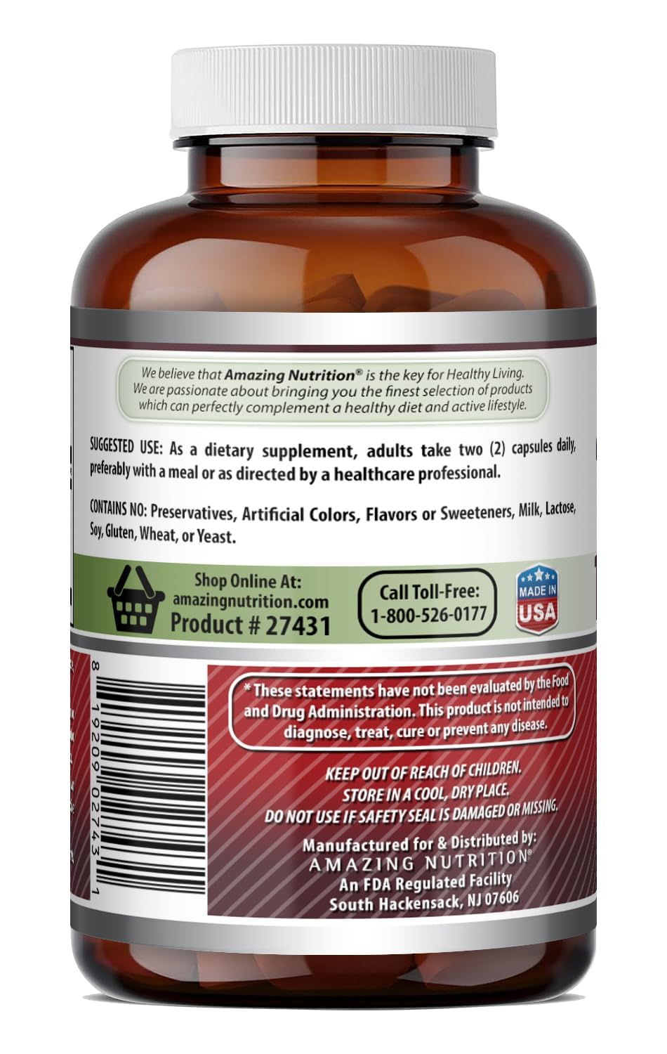 Amazing Nutrition etiqueta con información nutricional y certificaciones visibles