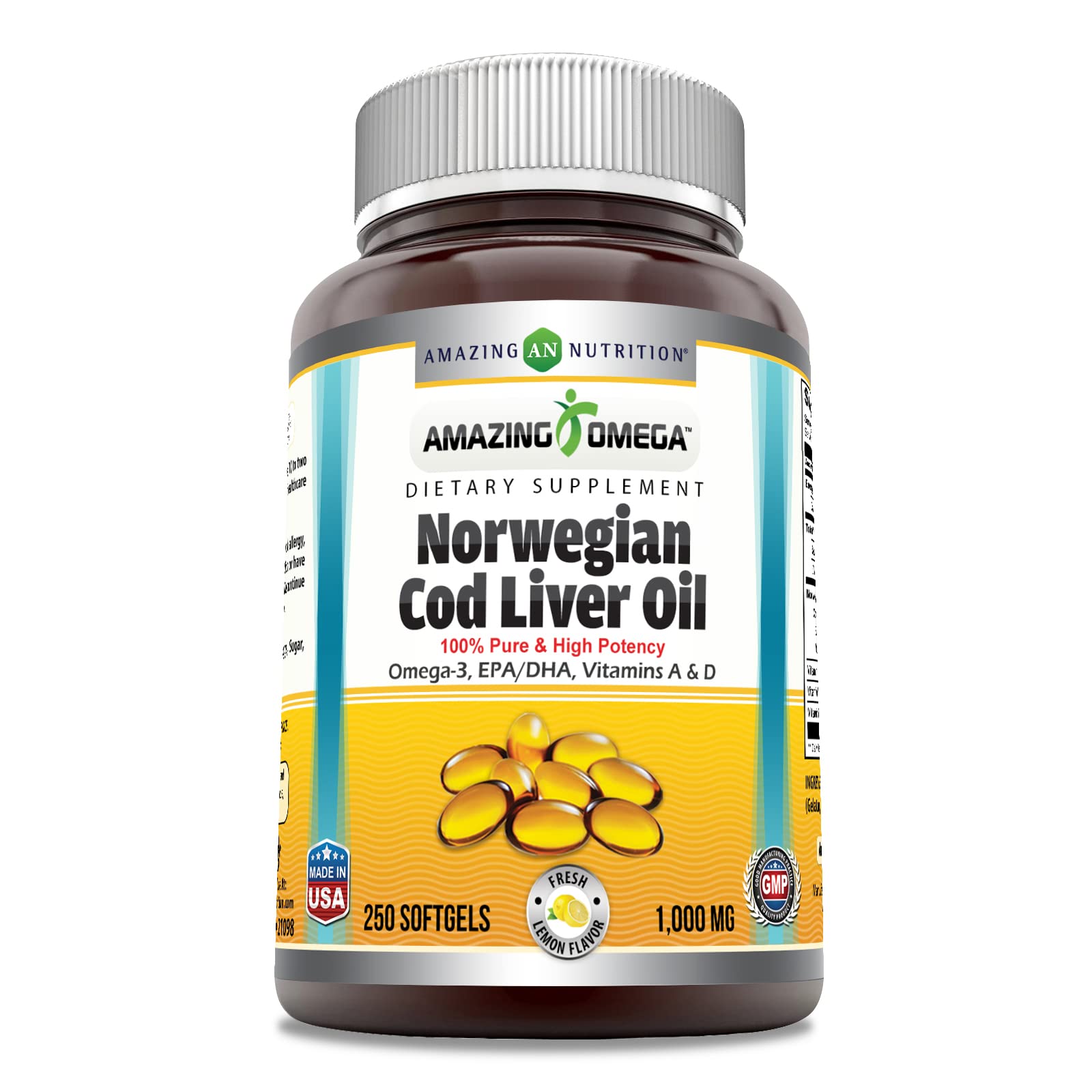 Amazing Nutrition frasco frontal 250 softgels que muestra la etiqueta y beneficio de pureza