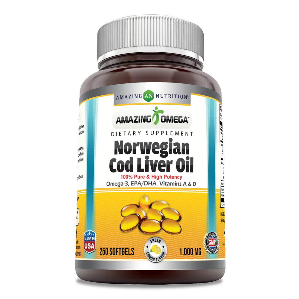 Amazing Nutrition frasco frontal 250 softgels que muestra la etiqueta y beneficio de pureza