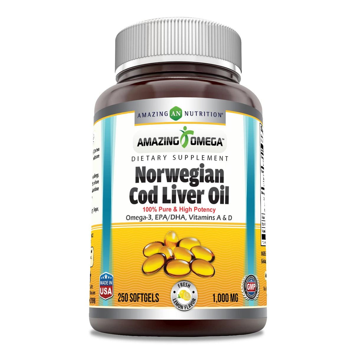 Amazing Nutrition frasco frontal 250 softgels que muestra la etiqueta y beneficio de pureza