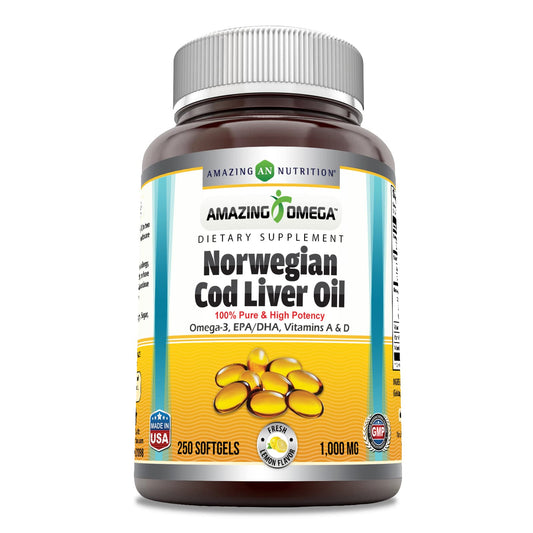 Amazing Nutrition frasco frontal 250 softgels que muestra la etiqueta y beneficio de pureza