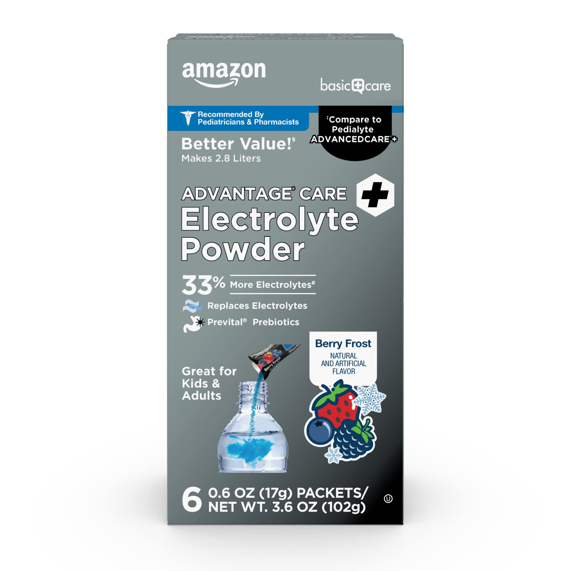 Amazon Basic Care empaque frontal mostrando seis sobres y sabor Berry Frost, portátil y práctico