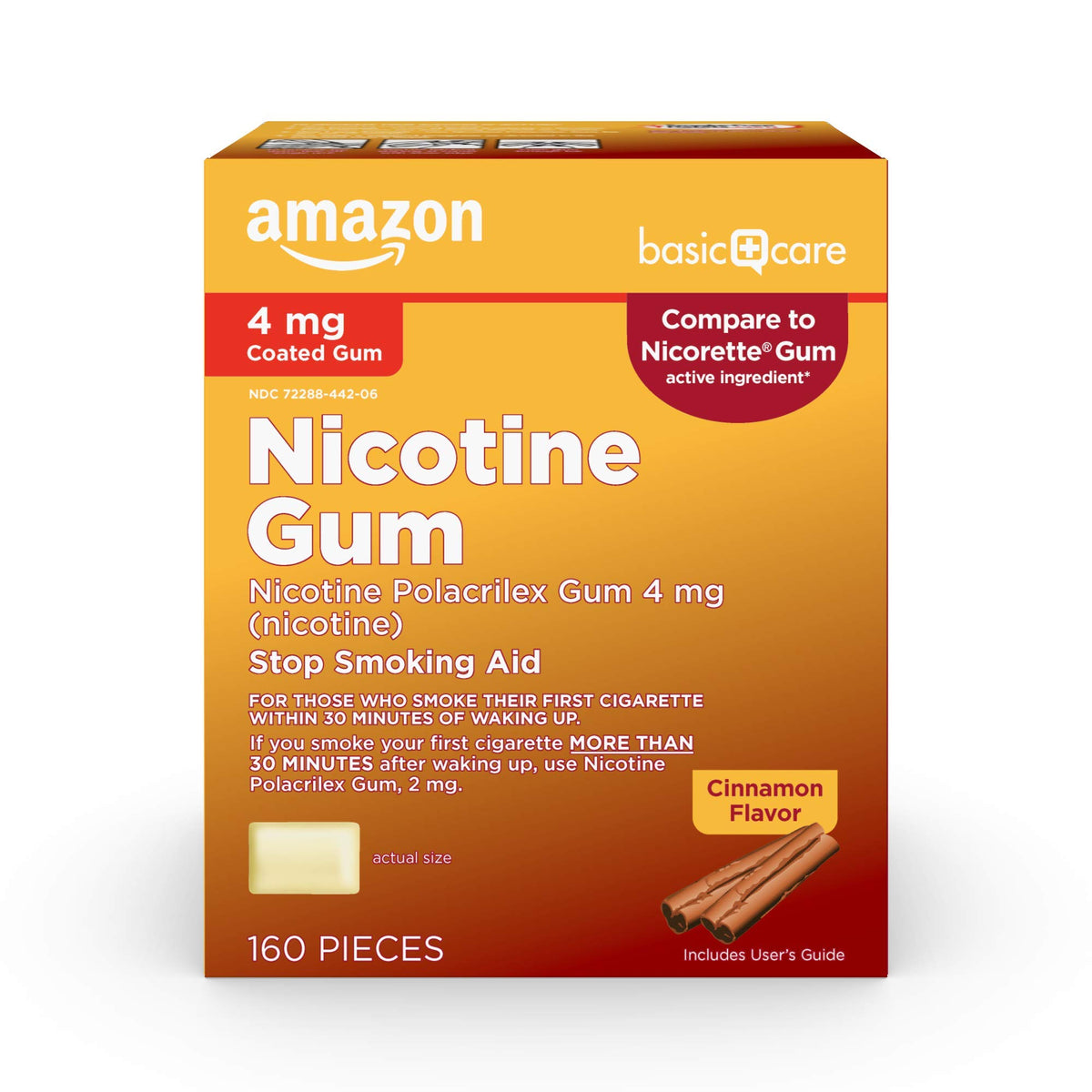 Amazon Basic Care chicle frontal del empaque con sabor canela y beneficio apoyo para dejar de fumar