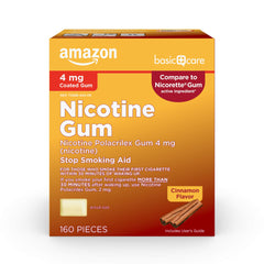Amazon Basic Care chicle frontal del empaque con sabor canela y beneficio apoyo para dejar de fumar