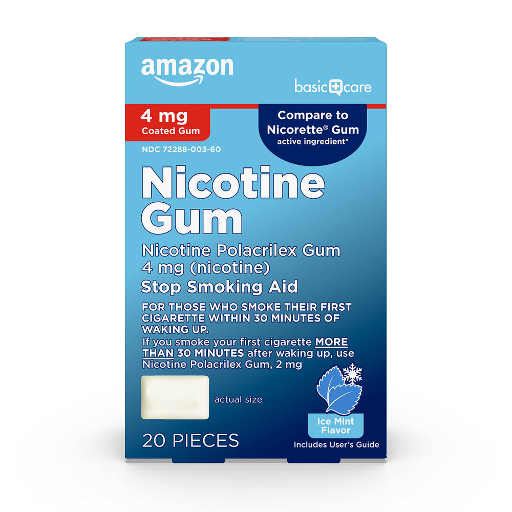 Amazon Basic Care chicle frontal mostrando paquete y beneficio portabilidad