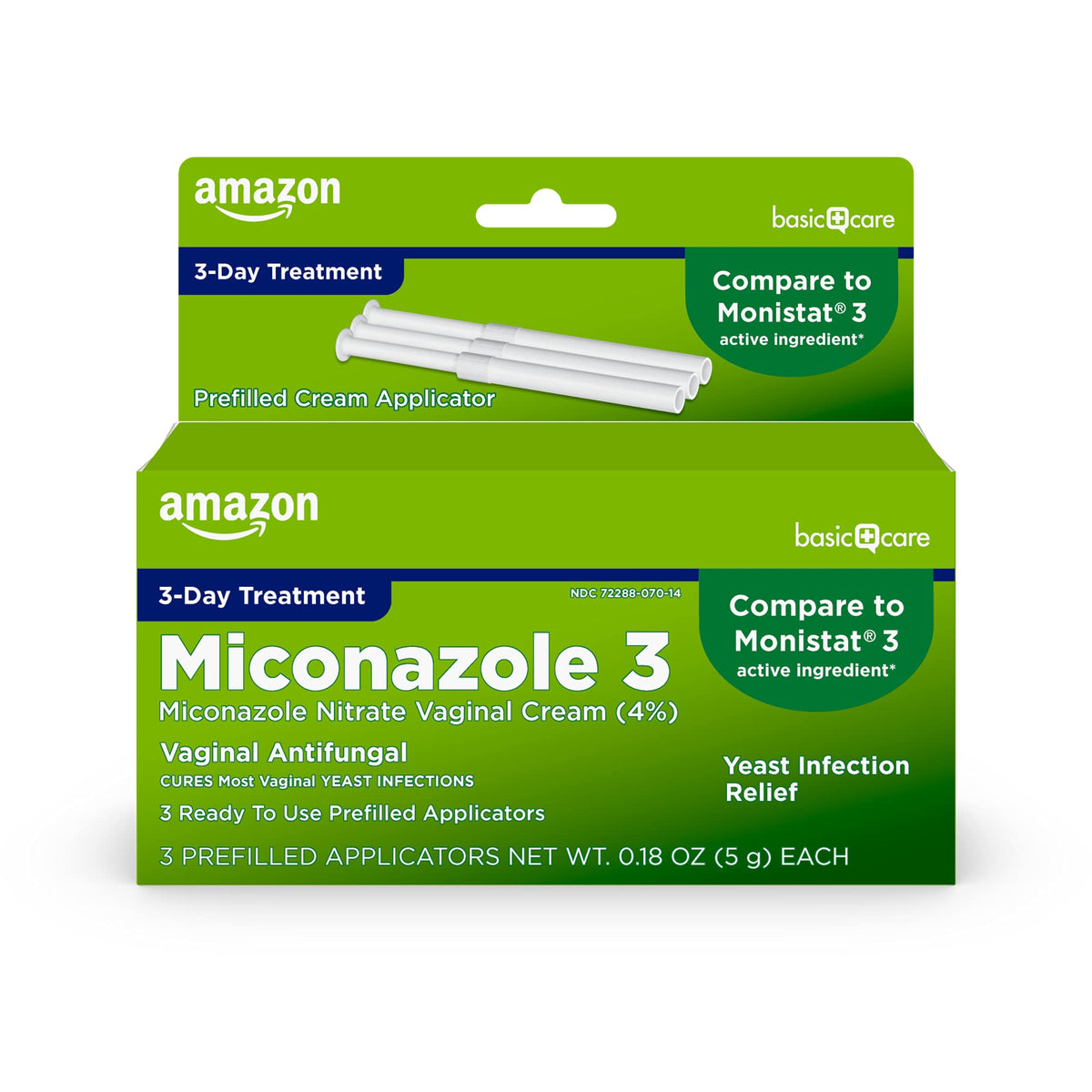 Amazon Basic Care embalaje delantero mostrando la caja y 3 aplicadores listos