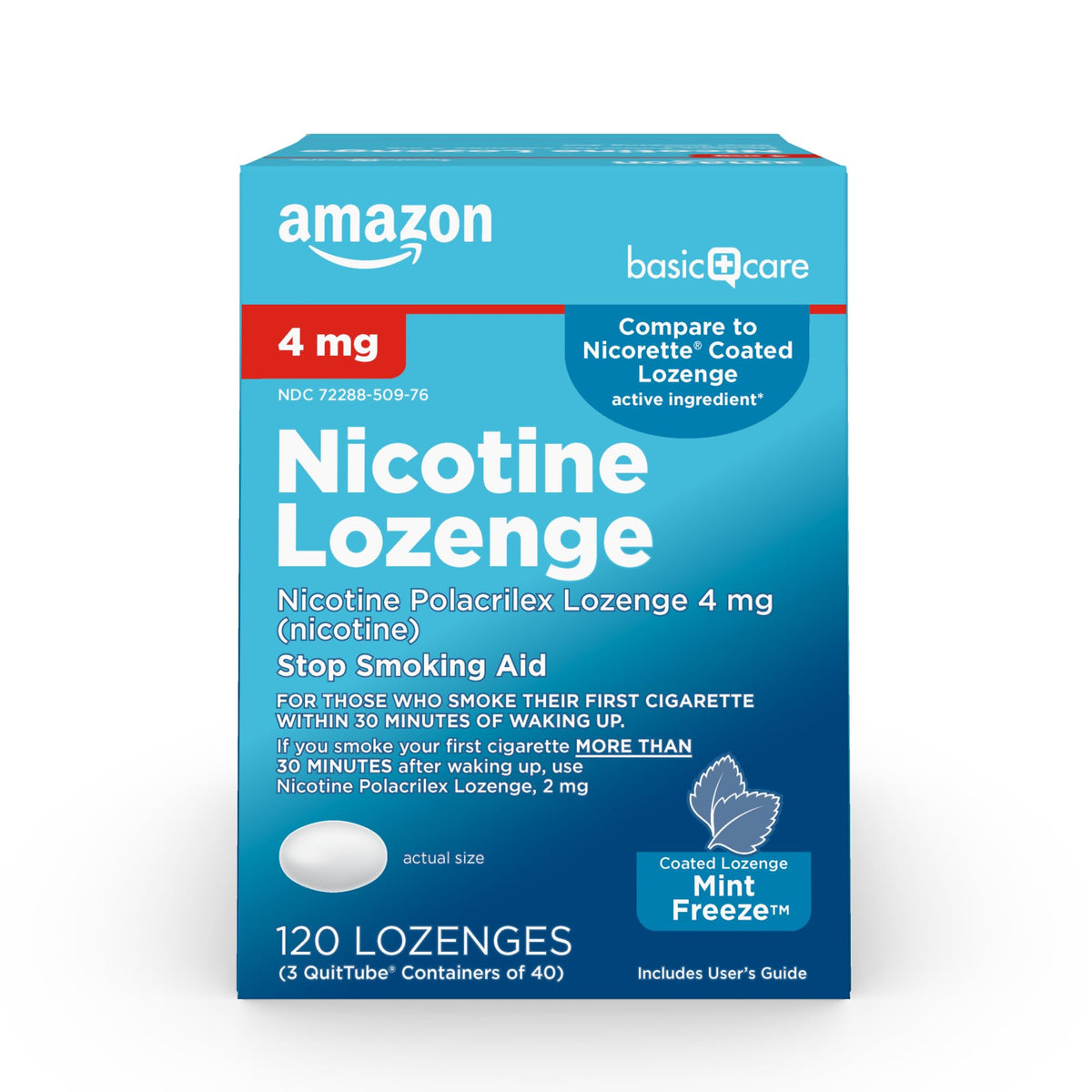 Amazon Basic Care empaque delantero mostrando 120 pastillas y beneficio portable