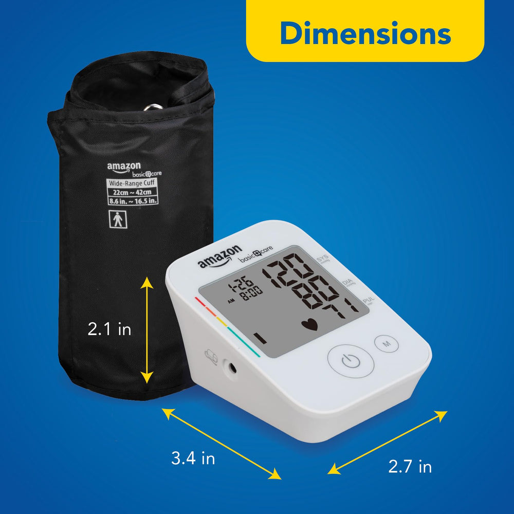 Contenido de la caja Amazon Basic Care: monitor, manguito, estuche y pilas incluidas