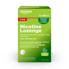 Amazon Basic Care envase frontal de 216 pastillas menta, ayuda a plan de abandono