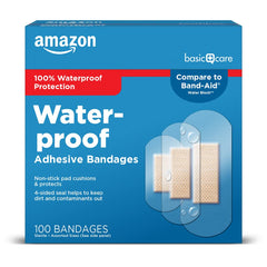 Amazon Basic Care paquete frontal mostrando cantidad 100 protección impermeable