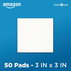 Amazon Basic Care gasa junto a regla para comparar tamaño 3x3 pulgadas, referencia práctica