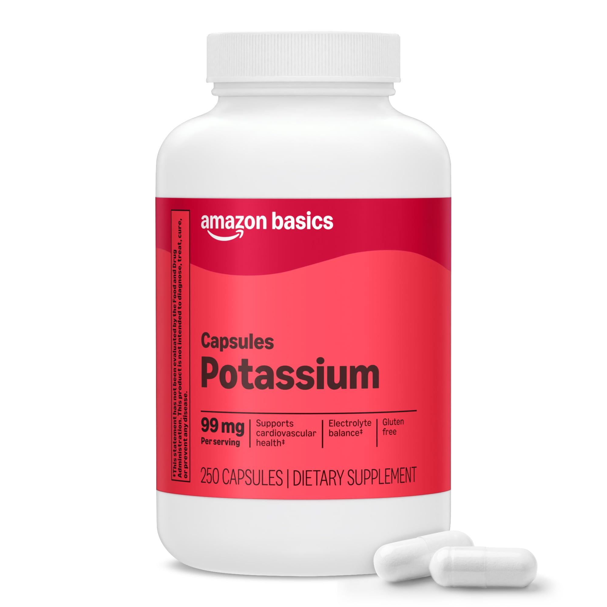 Amazon Basics frasco frontal de cápsulas de potasio 250 unidades ayuda a completar electrolitos