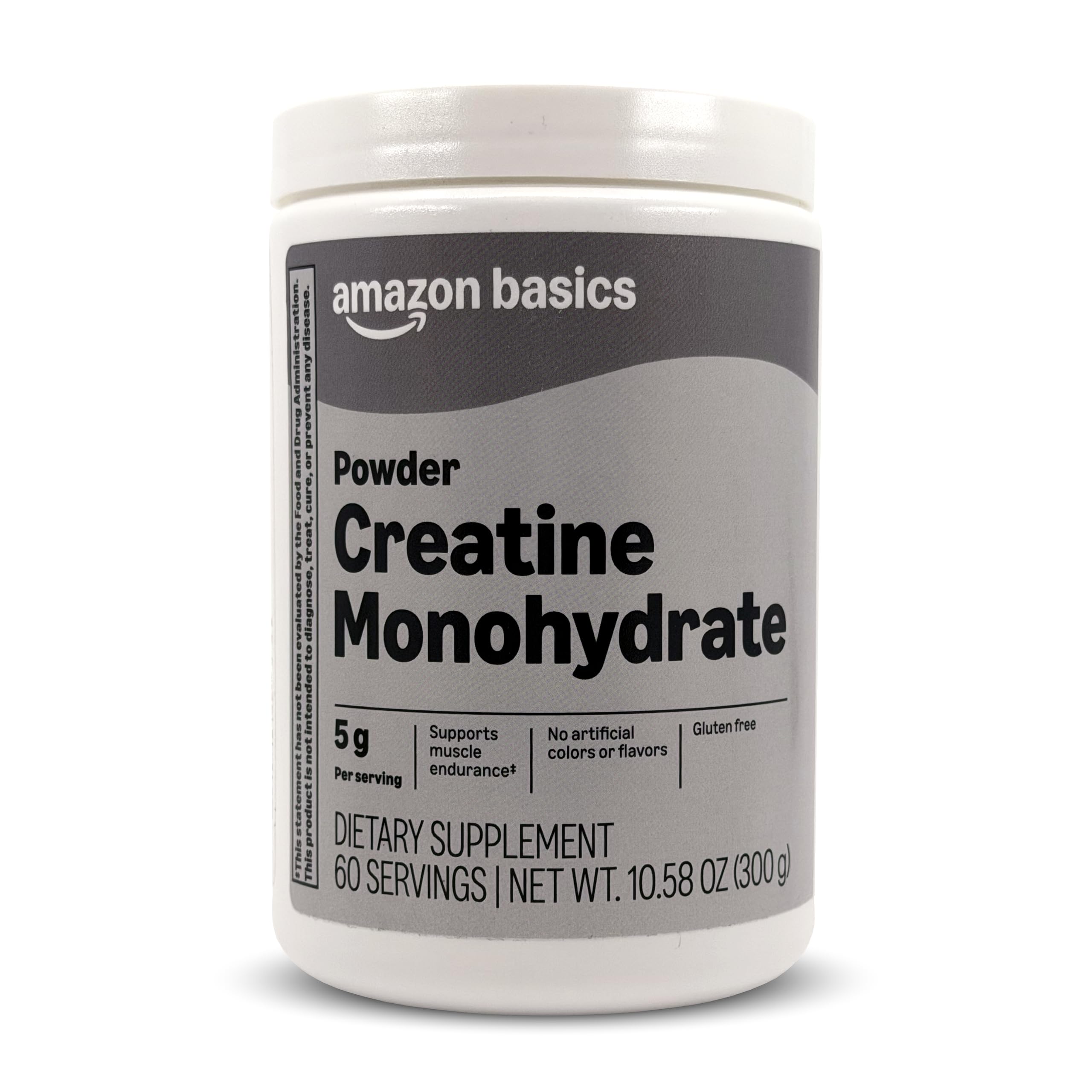 Amazon Basics creatina monohidrato envase frontal, presentación clara y económica