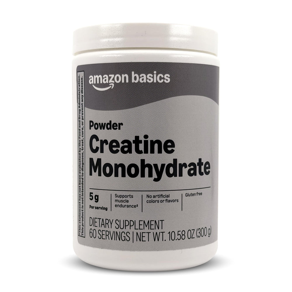 Amazon Basics creatina monohidrato envase frontal, presentación clara y económica