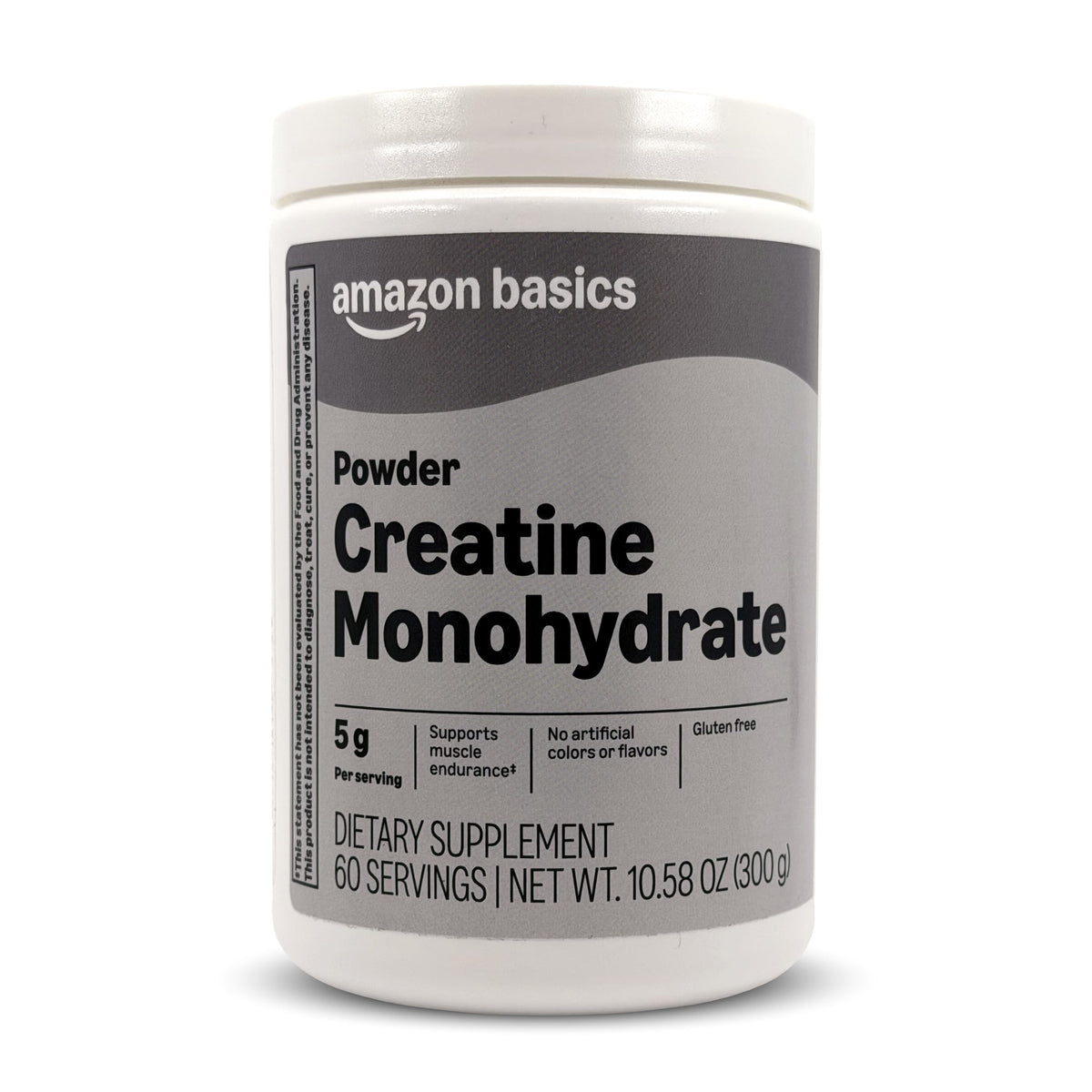 Amazon Basics creatina monohidrato envase frontal, presentación clara y económica