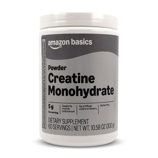 Amazon Basics creatina monohidrato envase frontal, presentación clara y económica