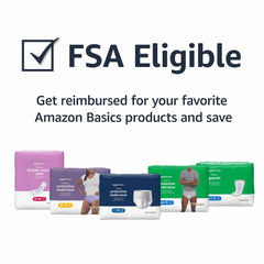 Amazon Basics etiqueta del empaque con información de absorción y guía de tallas clara