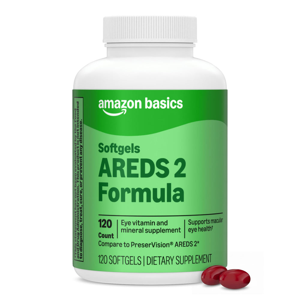 Amazon Basics muestra frontal del envase, confianza y fórmula AREDS2