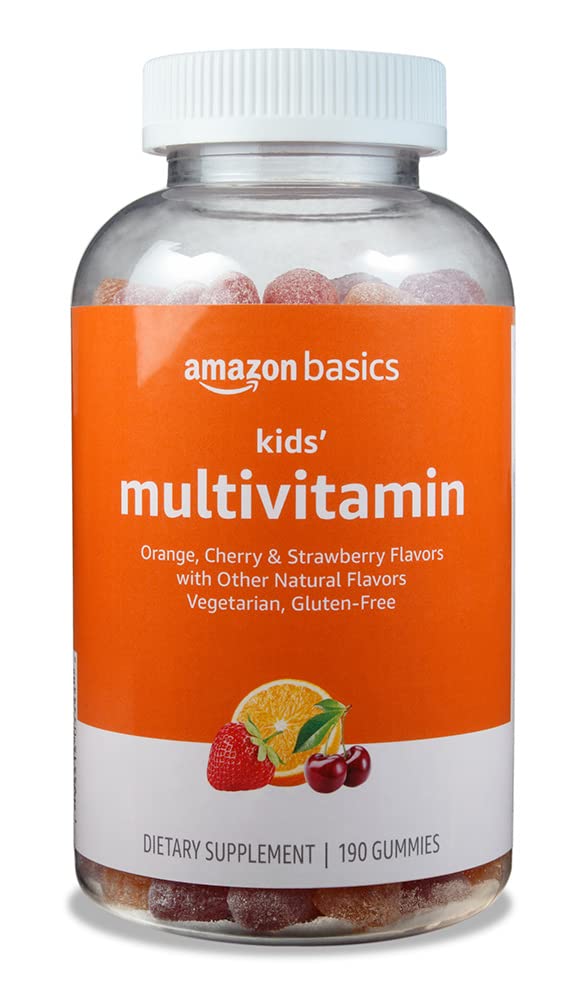 Amazon Basics frasco frontal que muestra 190 gomitas y sabores visibles, práctico para familias