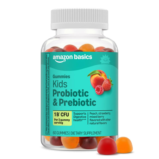 Amazon Basics frasco frontal de gominolas con probióticos y prebióticos, fácil de identificar