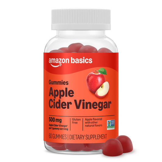 Amazon Basics envase frontal mostrando 60 gominolas y beneficios prácticos