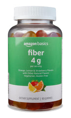 Amazon Basics frasco frontal con gomitas de fibra, presentación clara y beneficios prácticos