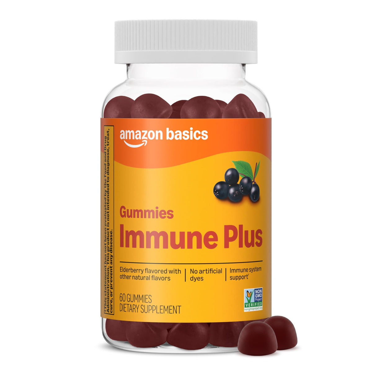 Amazon Basics envase frontal de Immune Plus con etiquetas claras y beneficio de 30 porciones