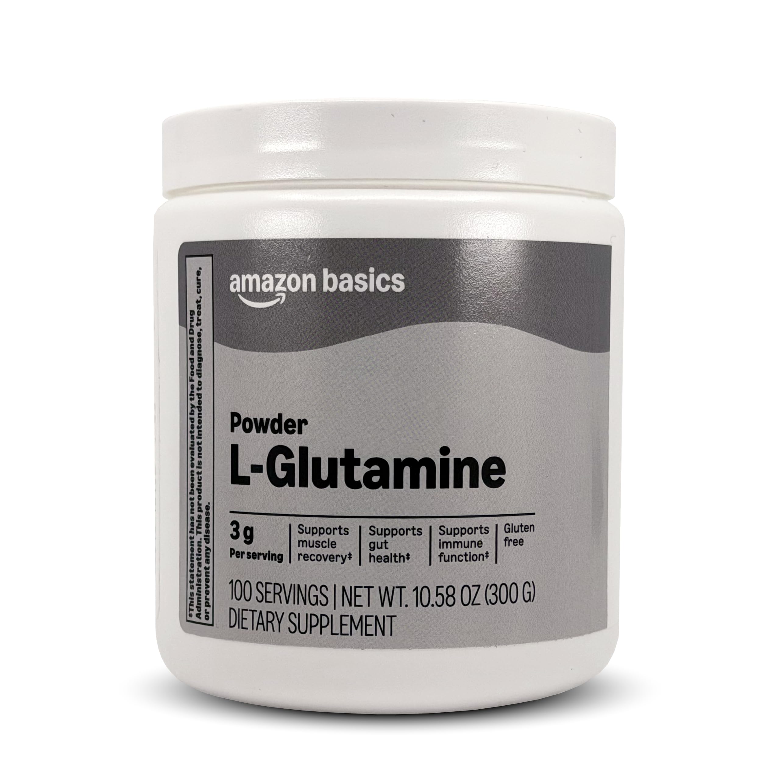 Amazon Basics envase frontal del polvo de L-glutamina, presentación clara y práctica