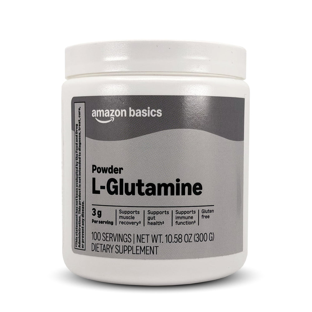 Amazon Basics envase frontal del polvo de L-glutamina, presentación clara y práctica