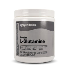 Amazon Basics envase frontal del polvo de L-glutamina, presentación clara y práctica