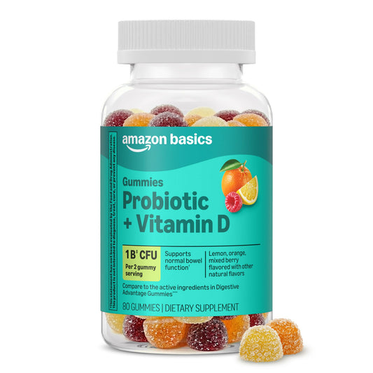Amazon Basics frasco frontal mostrando 80 gominolas y beneficios claros