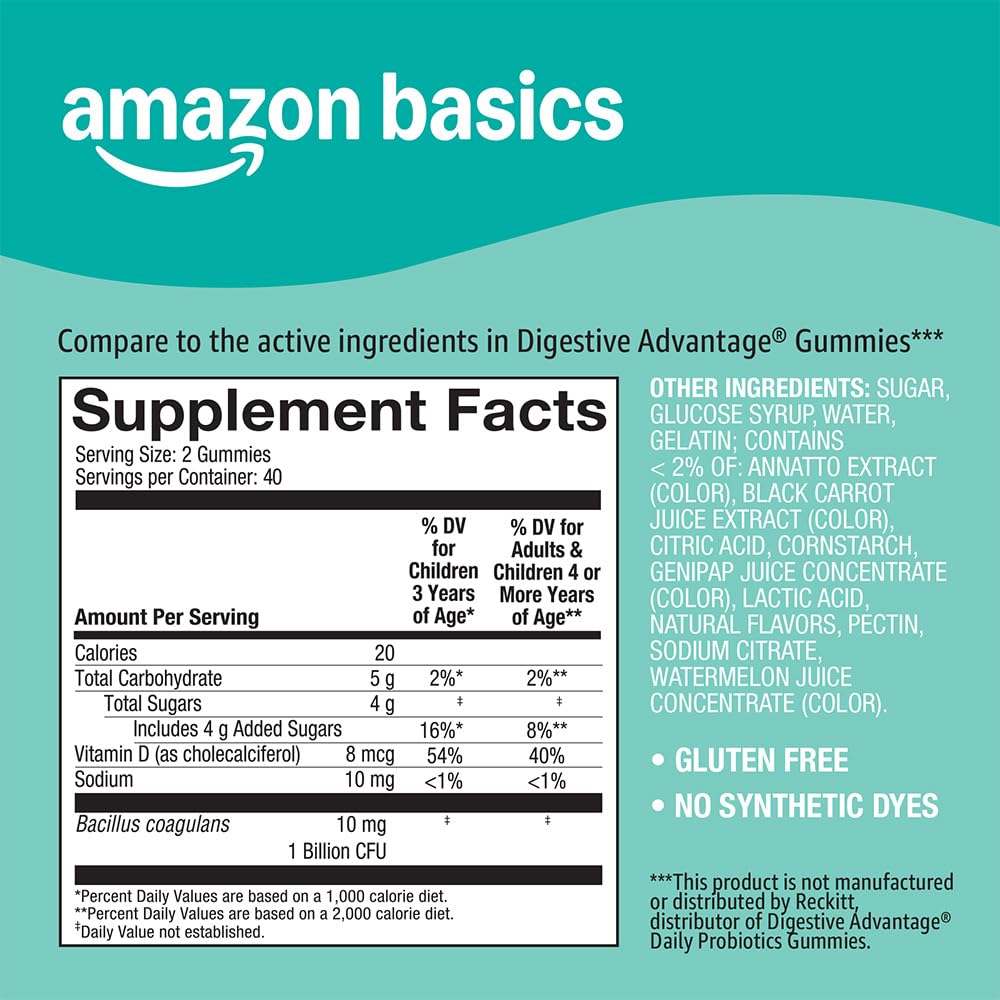 Amazon Basics gominolas junto a desayuno mostrando consumo diario fácil