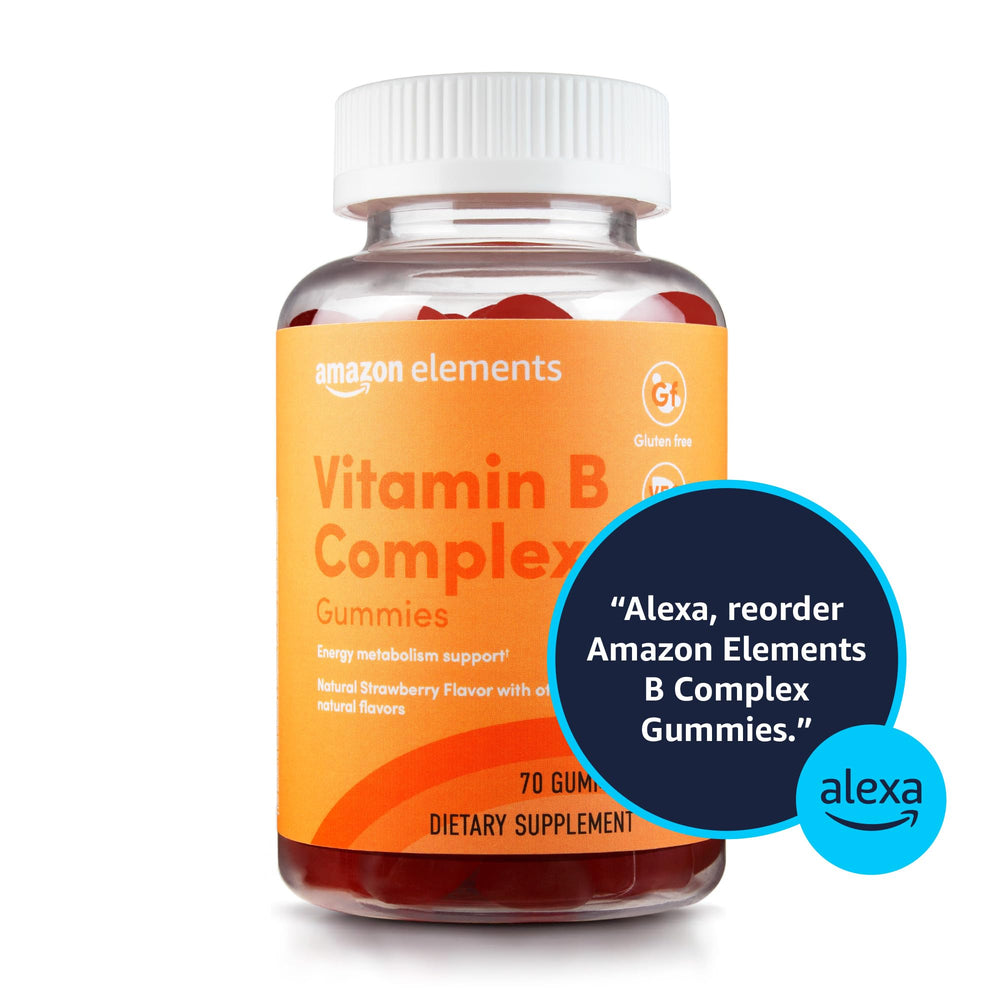 Detalle de la etiqueta Amazon Elements B-Complex con información nutricional y beneficios para energía y soporte inmune