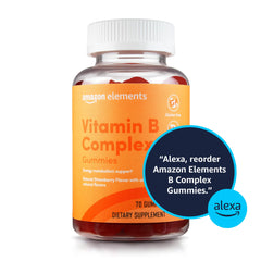 Detalle de la etiqueta Amazon Elements B-Complex con información nutricional y beneficios para energía y soporte inmune