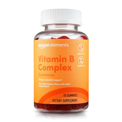 Amazon Elements frasco frontal con gominolas B-Complex mostrando el envase y beneficio de suministro prolongado
