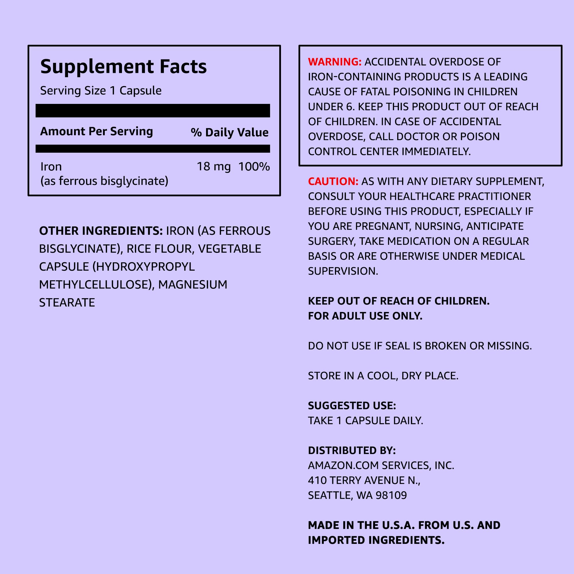 Detalle de cápsula vegetal de Amazon Elements hierro 18 mg que muestra tamaño y recubrimiento suave