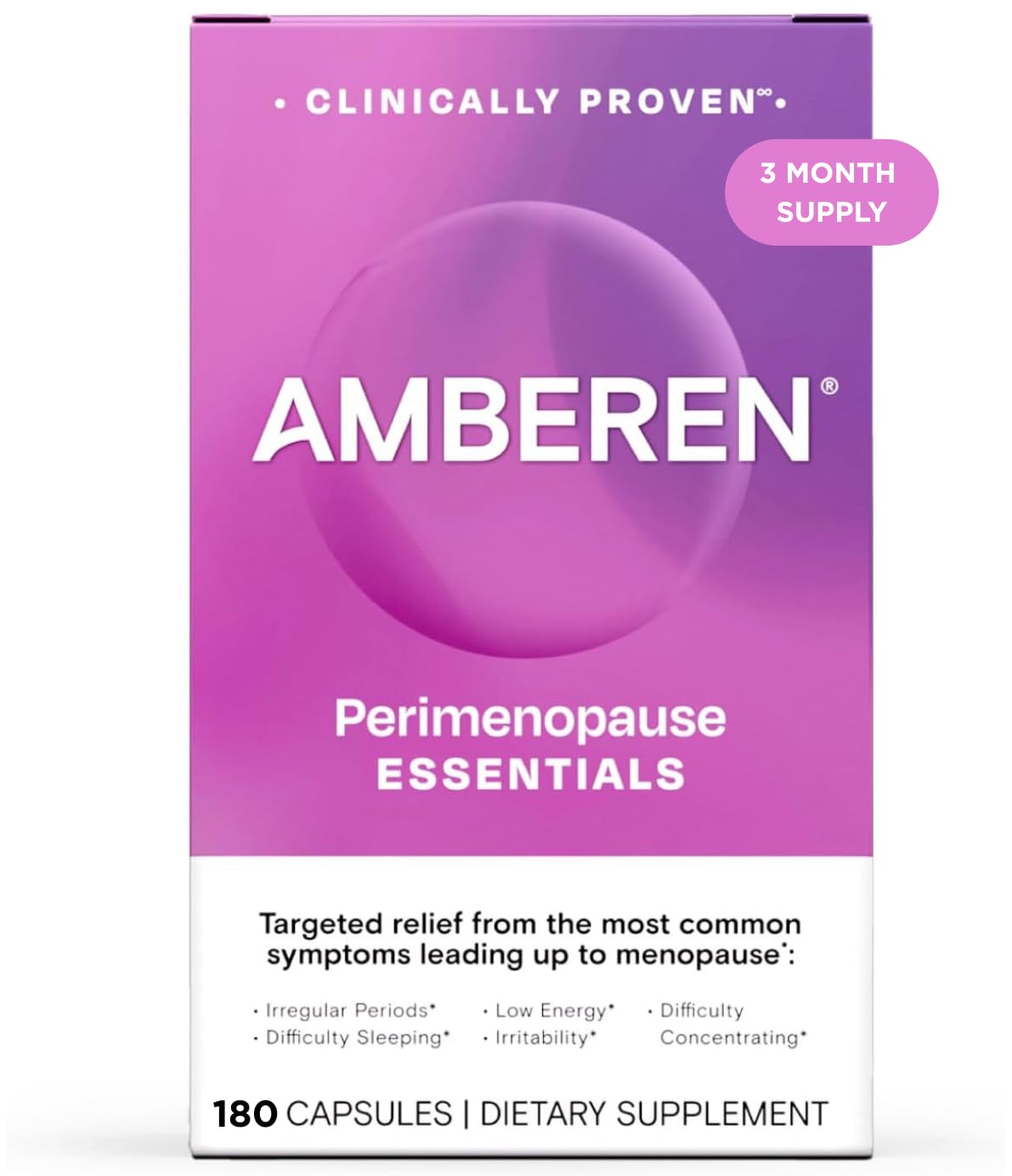 Amberen perimenopause frontal mostrando el envase y alivio multisíntoma