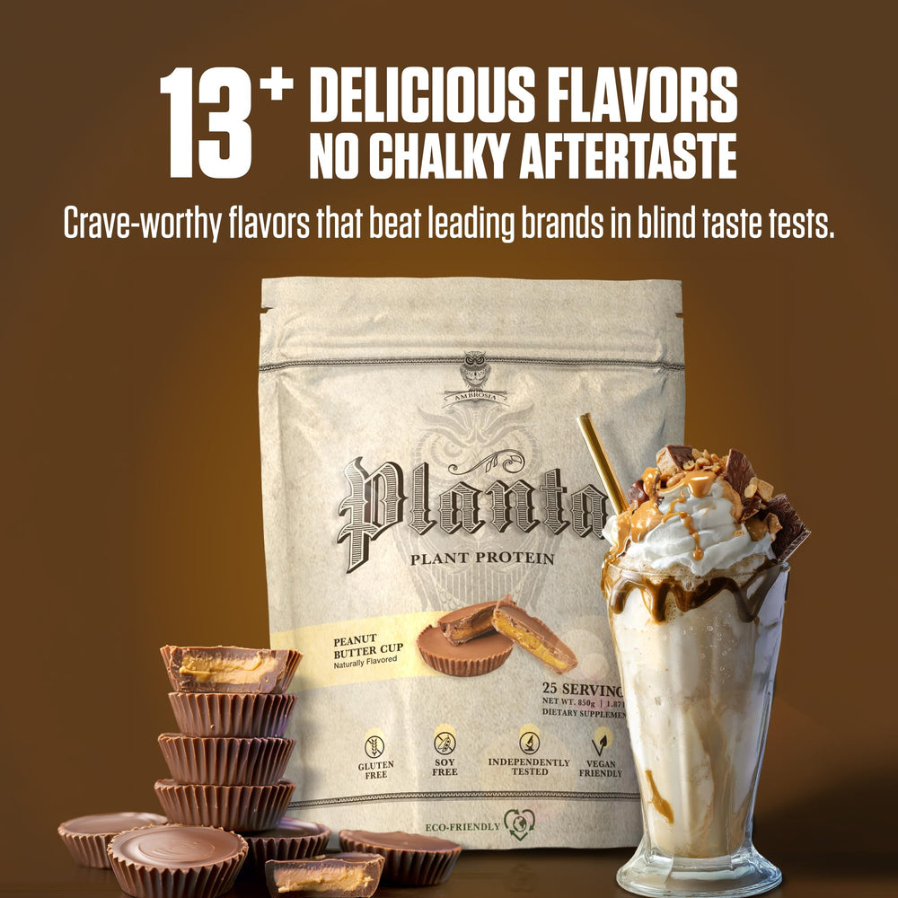 Ambrosia batido sabor Peanut Butter Cup en mesa, sabor indulgente sin azúcar añadido