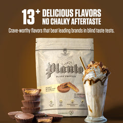 Ambrosia batido sabor Peanut Butter Cup en mesa, sabor indulgente sin azúcar añadido