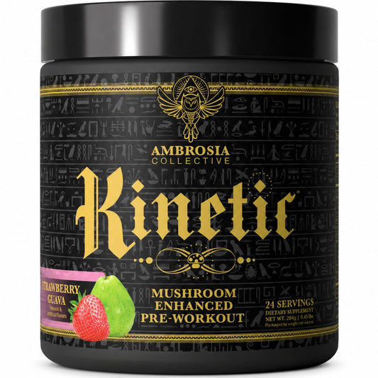 Ambrosia Kinetic frente del envase mostrando 24 servicios y sabor fresa guayaba, confianza transparente