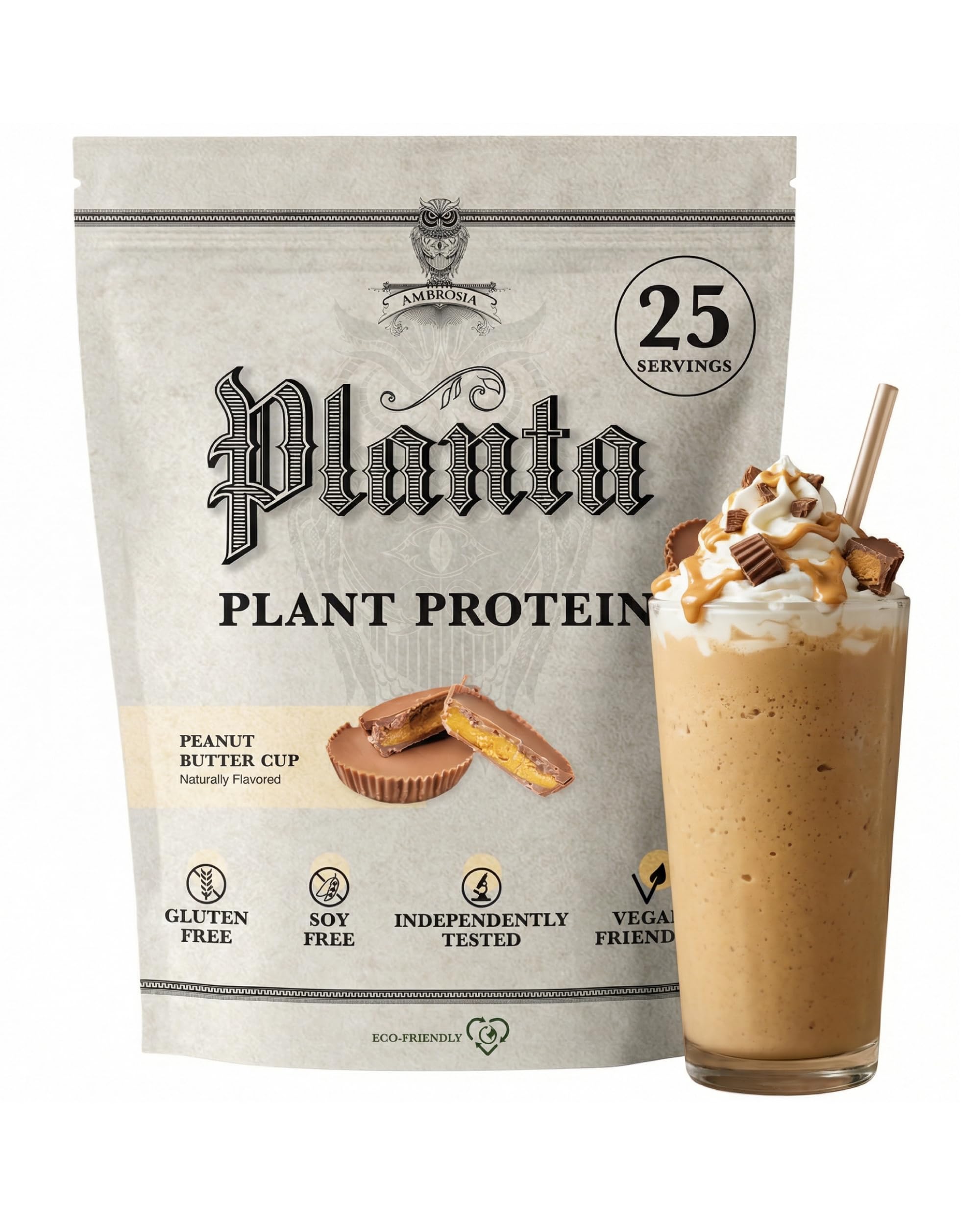 Ambrosia frente del envase mostrando sabor Peanut Butter Cup y beneficio proteico