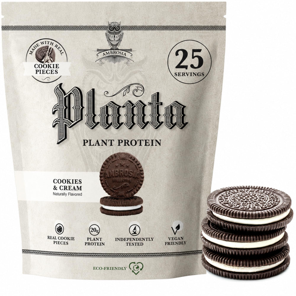 Ambrosia Planta envase frontal Cookies & Cream mostrando etiqueta y tamaño
