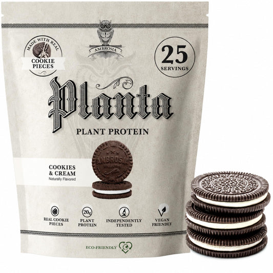 Ambrosia Planta envase frontal Cookies & Cream mostrando etiqueta y tamaño