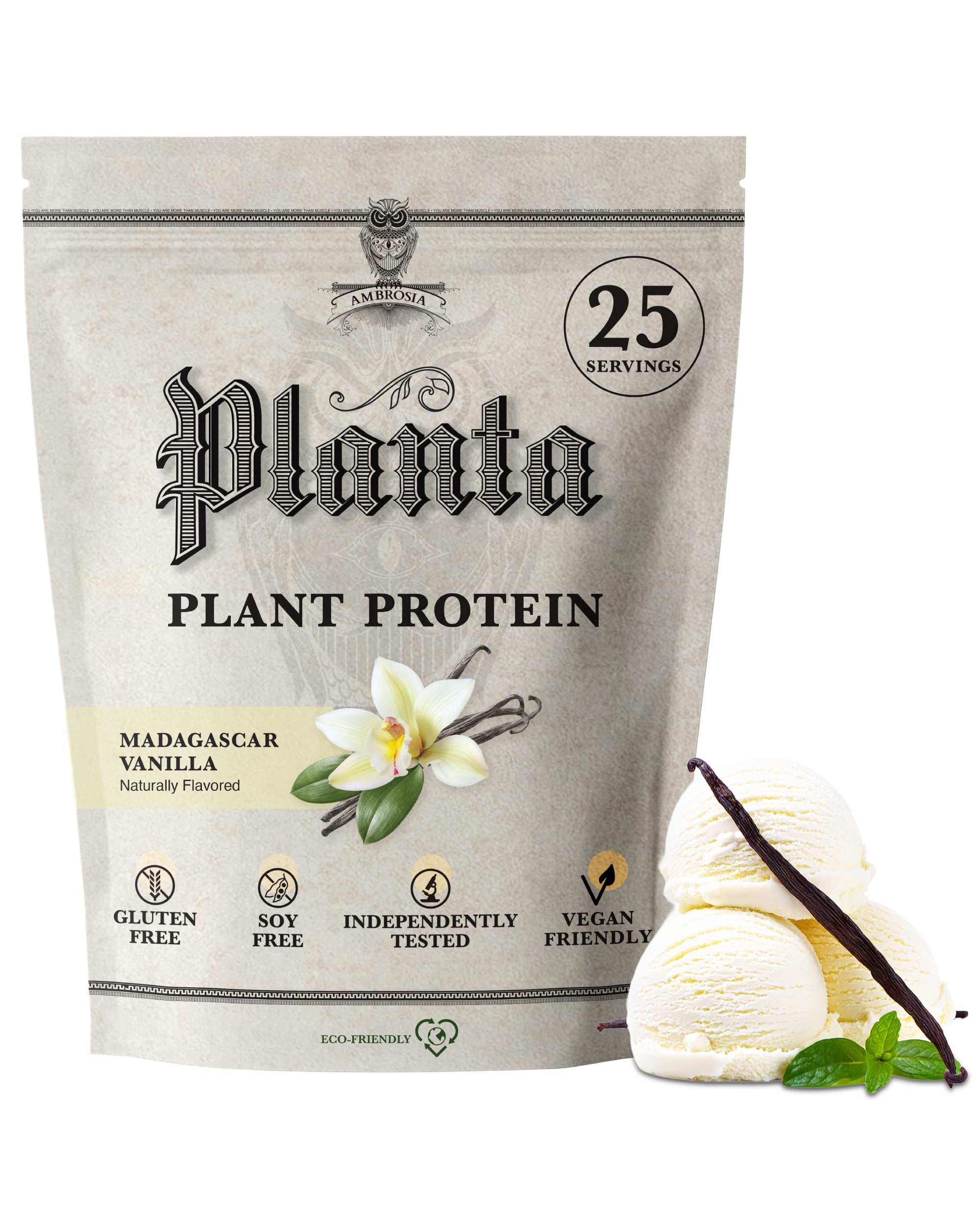 Ambrosia envase frontal mostrando el diseño y sabor vainilla, garantía de proteína vegana