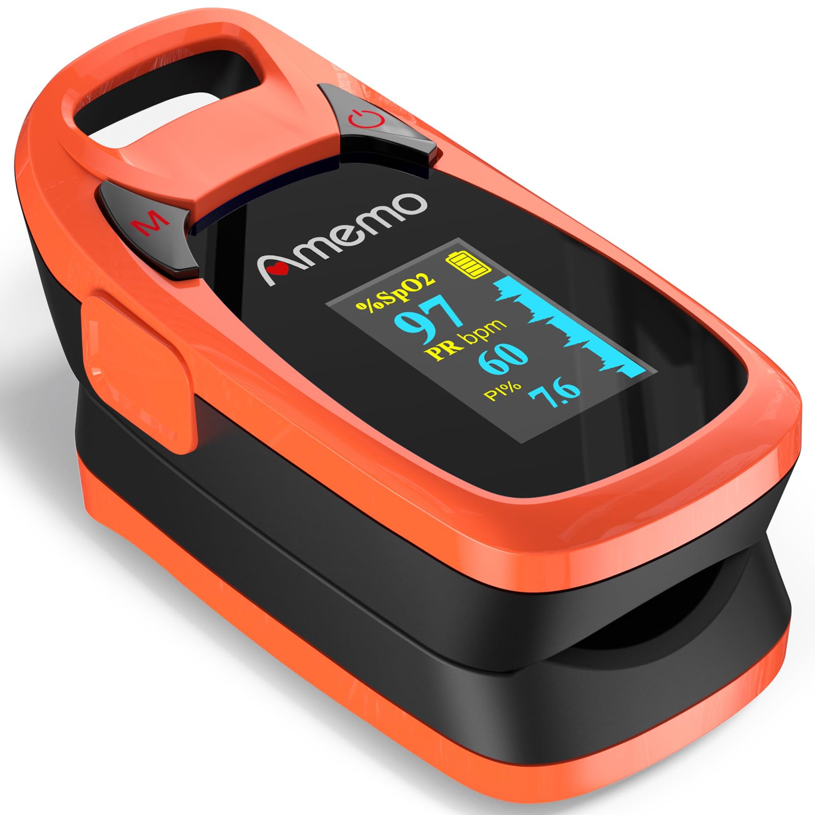 amemo oxímetro frontal mostrando pantalla grande y lectura rápida