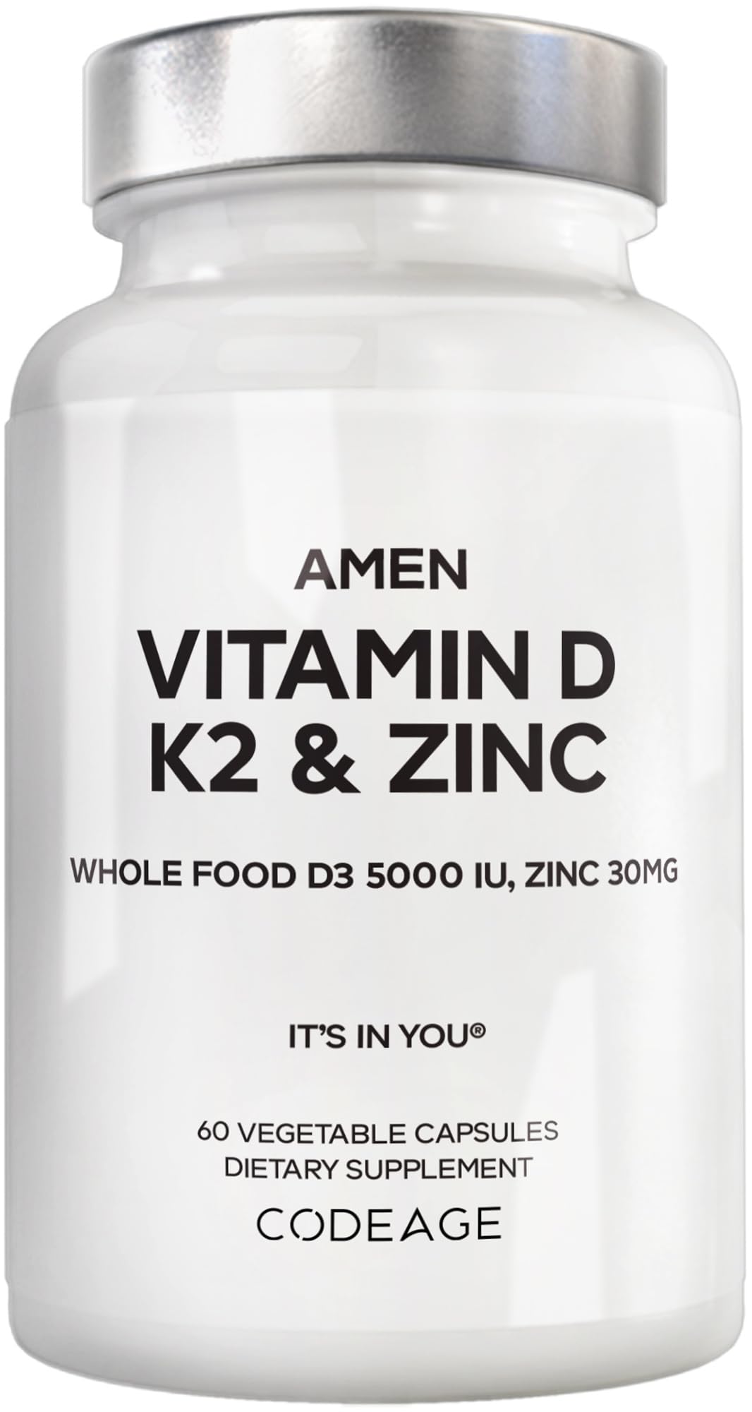 Envase frontal Amen Vitamin D3 K2 Zinc mostrando etiqueta clara y beneficios