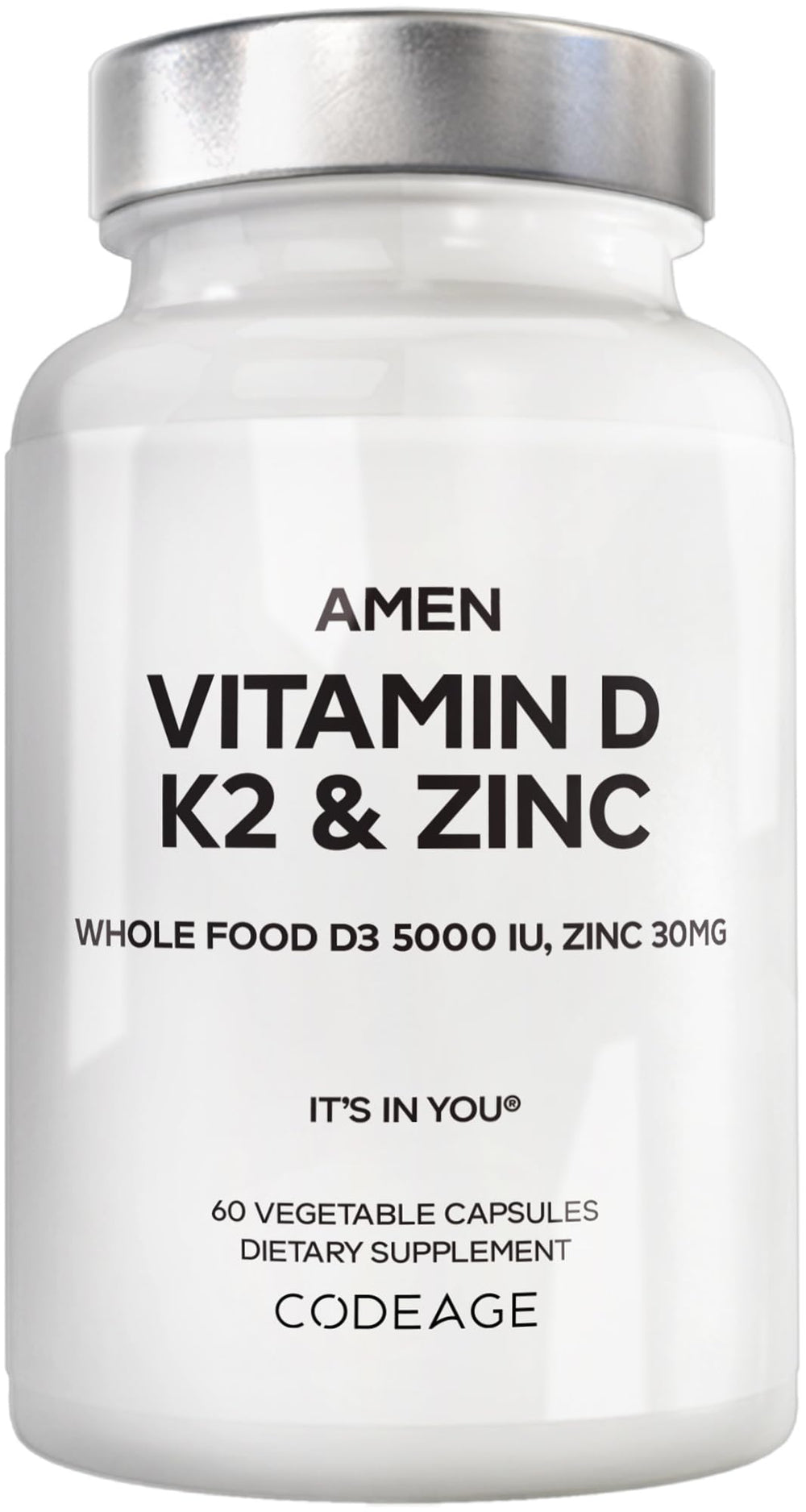 Envase frontal Amen Vitamin D3 K2 Zinc mostrando etiqueta clara y beneficios